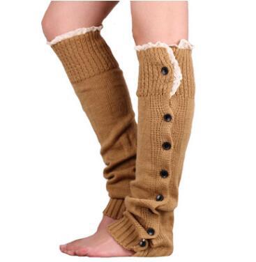 Calentadores de encaje con botones para mujer, botas de punto, calcetines, puños hasta la rodilla, polaina alta, novedad, , Invierno: lightkhaki