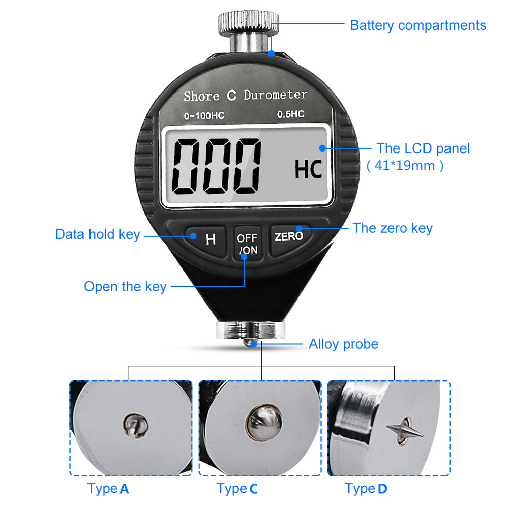 Hardness Tester Tire Plastics Rubber Hardness Test Tool Digital Durometer LCD Display Hardness Meter