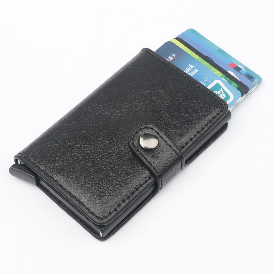 Hasp Men Credit Card Holder RFID Blocking PU Leather Automatic Business ID Card Holder Aluminum Metal Wallet Purse for Cards