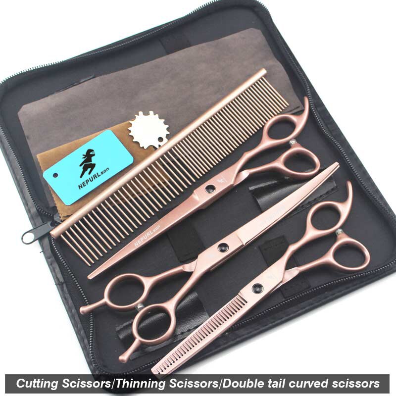 7.0inch pet grooming scissors set straight cut teeth cut fish bone scissors prt grooming: Set 2