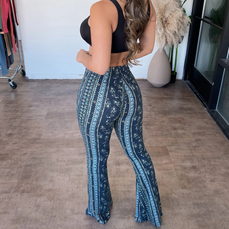 Fashionable high elasticity tight fitting micro flared printed casual pants