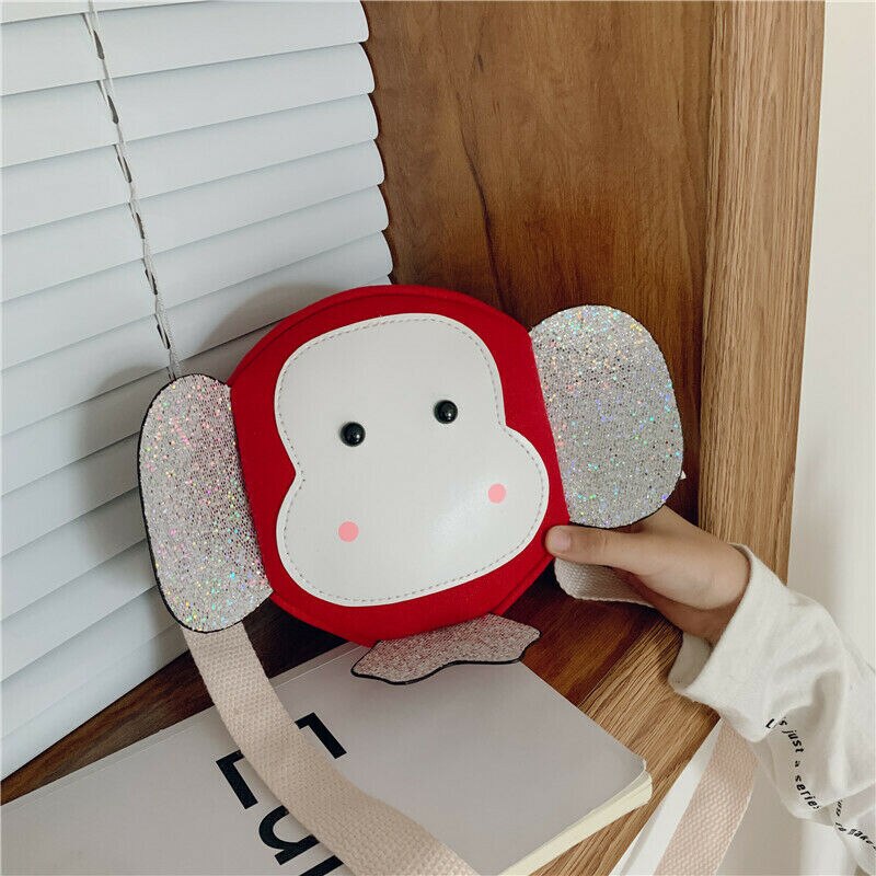 Girls Cute Animal Monkey Shoulder Bag Child Round Messenger Crossbody Handbag Baby Kids Cartoon Mini Coin Purse: Red