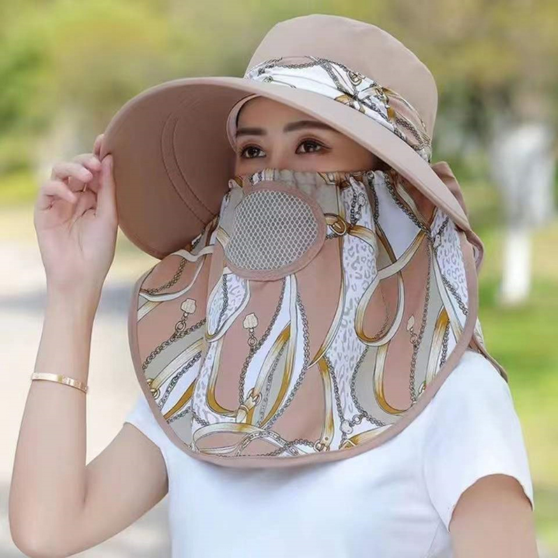 Sommer Frauen breite Krempe Gartenarbeit Schatten Hut Gesichts maske abnehmbare Sonnenhut Outdoor-Druck atmungsaktive Fischer Hut UV-Schutz: green