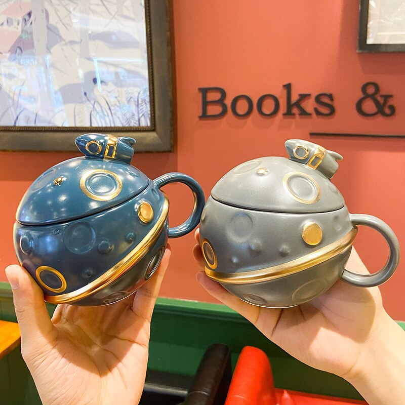 440ML Planet Cup Ceramic Mug with Lid Drinking Cup Spoon Home Coffee Cups Cute Coffee Mugs and Cups