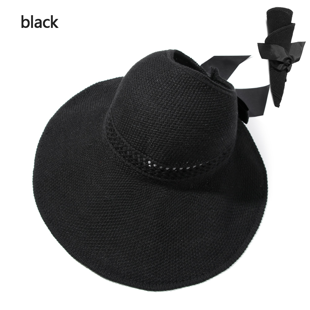 Cappello da spiaggia pieghevole portatile 2021 nuovo cappello da sole a tesa larga Bowknot visiera Casual estiva con cappuccio in paglia per cappello da donna con secchiello: black(62cm)