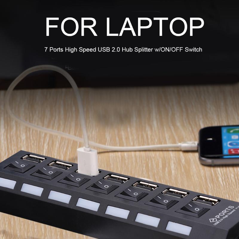 Usb hub 2.0 multi usb port 7 port hub usb høyhastighets kontakt med av / på bryter usb distributør for pc tilbehør