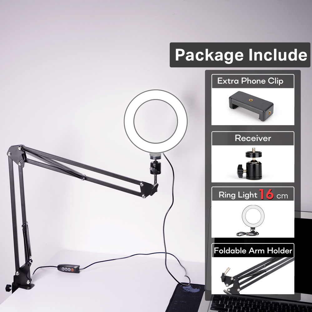Anneau lumière photographie éclairage lampe à LED avec trépied pour support de téléphone portable accessoires de support avec pince pour Photo Selfie vidéo: 16cmLight- ArmHolder