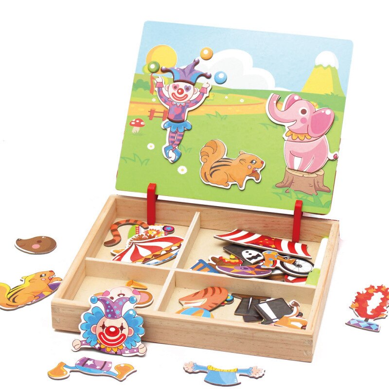 Kids Wooden Puzzles Educational Toys Animals/ Vehicle /Circus Drawing Board Magnetic Puzzle Wood Toy For Kids