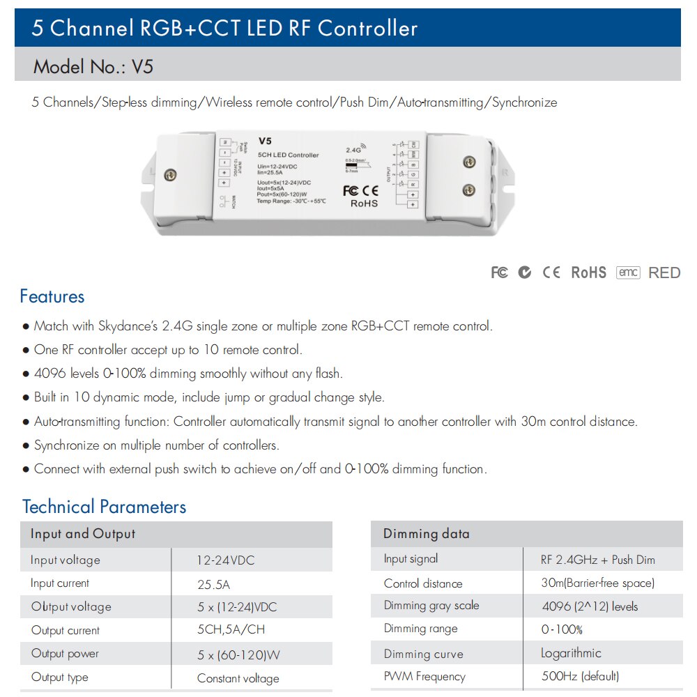 RGBCCT LED Controller 12V 24V 5CH 5A RGB CCT RGBW RGBWW LED Strip Light Controller V5 2.4G RF Wireless Touch Remote Control