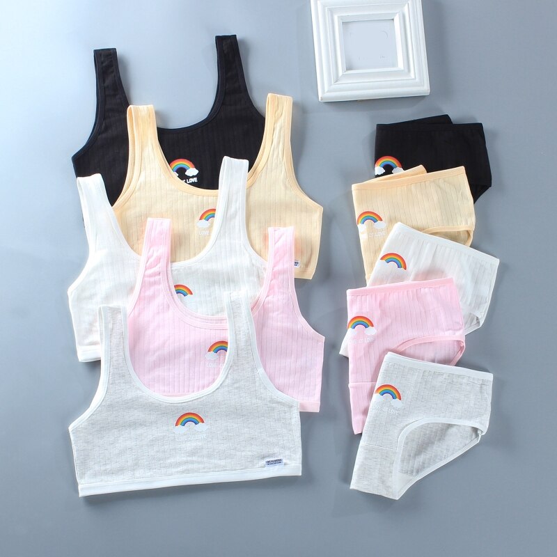 Teenage Young Girls 2Pcs Underwear Set Rainbow Bridge Print Cotton Training Bra Vest Top and Panties Sports Bralette