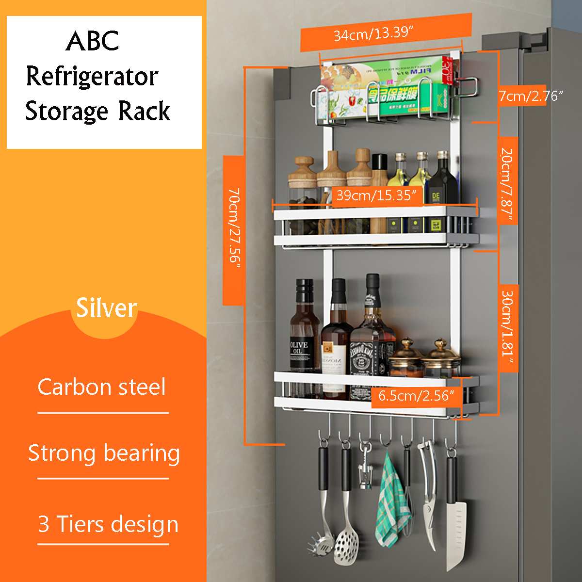 3 Tier Refrigerator Rack Side Shelf Sidewall Holder Multifunctional Carbon Steel Kitchen Supplies Household Fridge Storage Racks: Silver