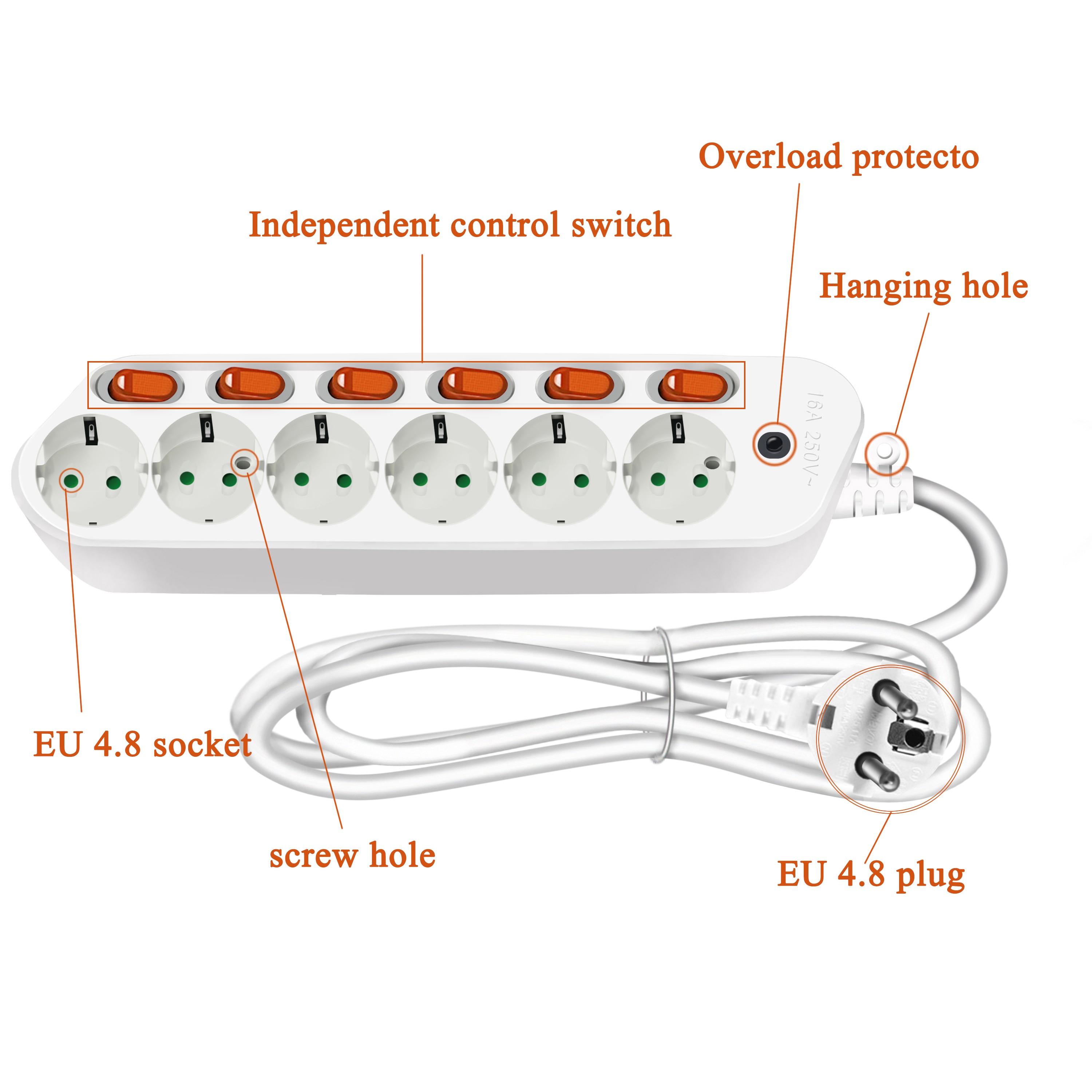 Electrical Socket 16A 250V Switch Separate Control 6AC EU Outlets Socket Germany Power Plug Multiple Power Sockets