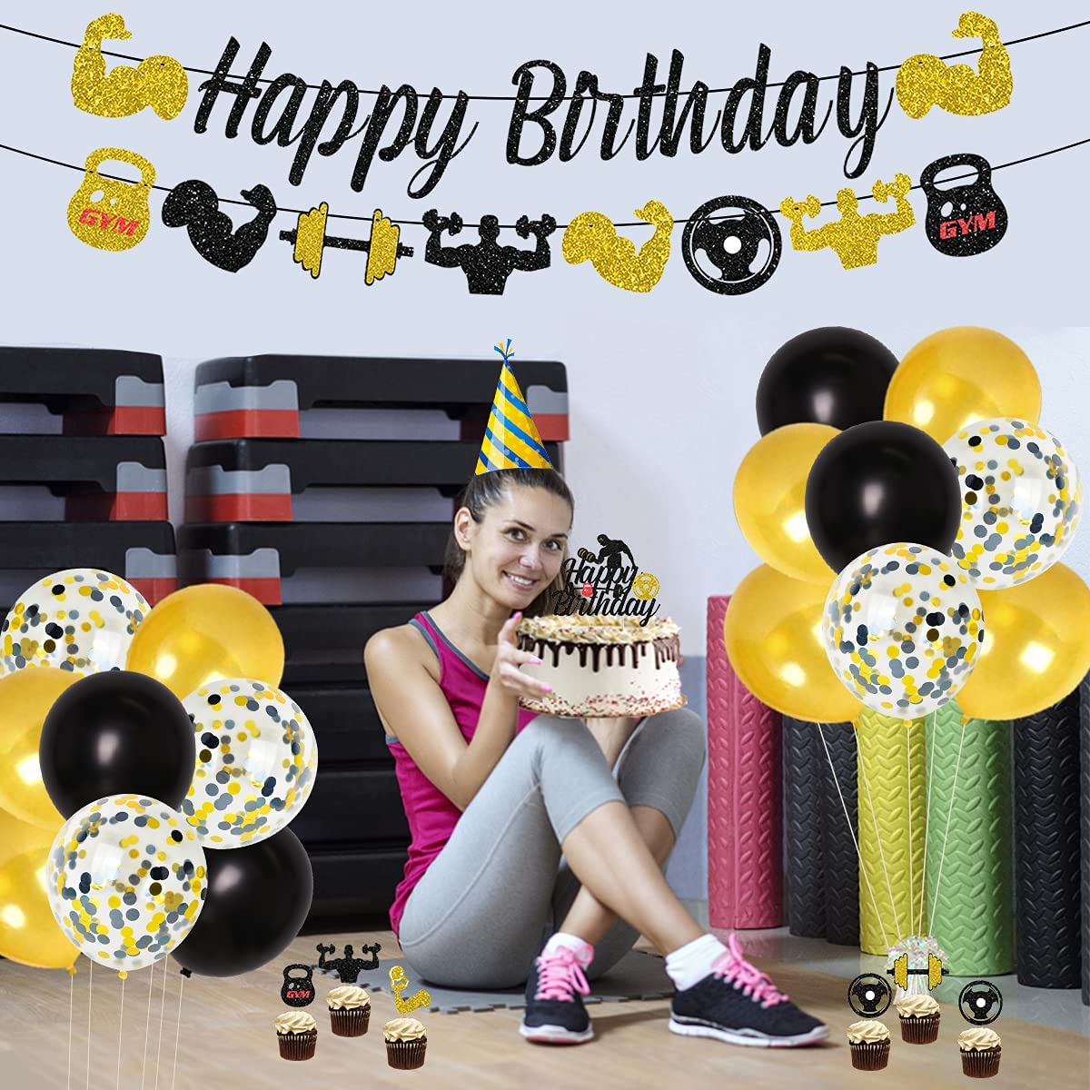 Gym Birthday Party Decorations Black and Gold Fitness Themed Party Decorations for Men, Weight Lifting Theme Party Supplies