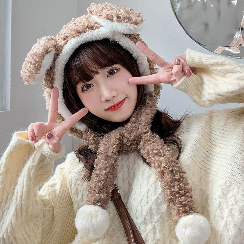 Female hat wild winter warm round face big face thinner hat scarf one Sweet and cute kawaii Bear ears Plush ball Matte: Khaki 02