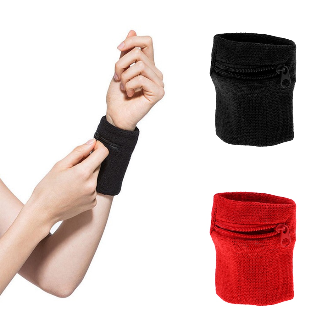 2 stykker / sæt (sort og rød) sports yoga gym basketball armbånd kører svedbånd håndled wrap tegnebog med lynlås lomme