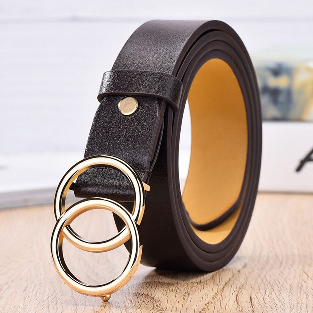 Vintage Double Ring Circle Round Buckle Button Belt Leisure Jeans Dress Women Leather Belt Simple Girls