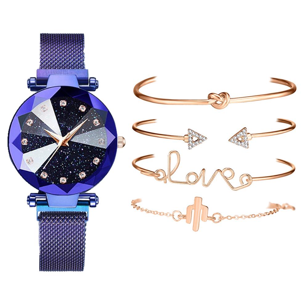 Set de 5 uds de relojes de pulsera de lujo para mujer con de cielo estrellado y rosa dorado con imán y hebilla, reloj de pulsera de , reloj sencillo para mujer: Azul