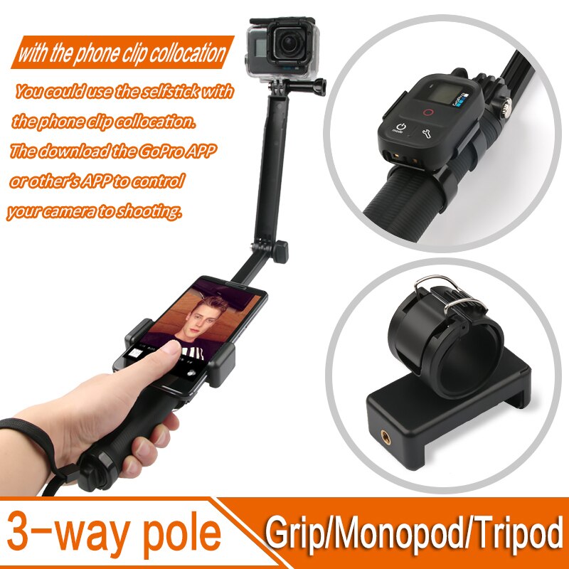 For GoPro Monopod Collapsible 3 Way Monopod Mount Camera Grip Extension Arm Tripod Stand for Gopro Hero 9 8 7 6 5 4 3 3+ SJ4000