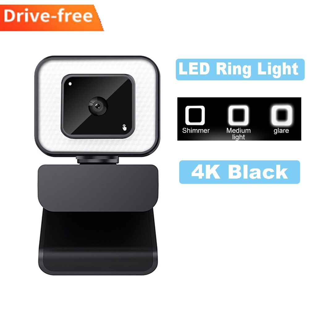 4k webcam anel de luz 2k completa hd capa autofoco web câmera anel luz de preenchimento usb computador computador portátil vídeo webcam com microfone: 4K Black
