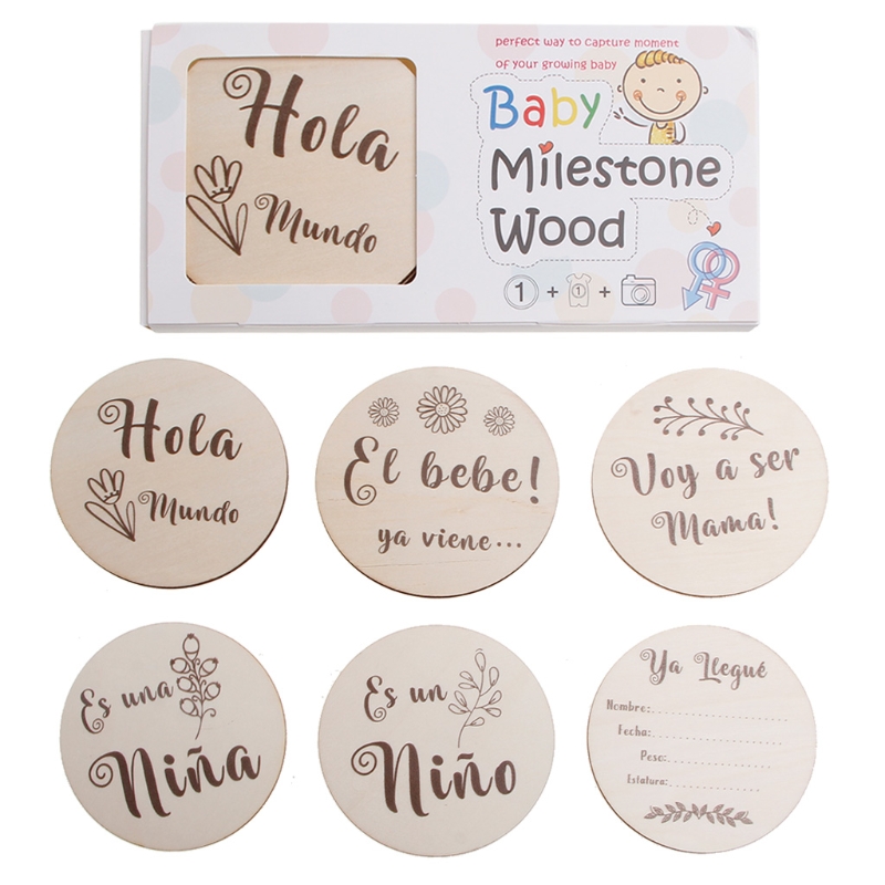 6 Stks/set Handgemaakte Baby Milestone Kaarten Pasgeboren Maandelijkse Opname Kaarten Spaans Taal Letters Bloemenprint Photocards Zuigelingen