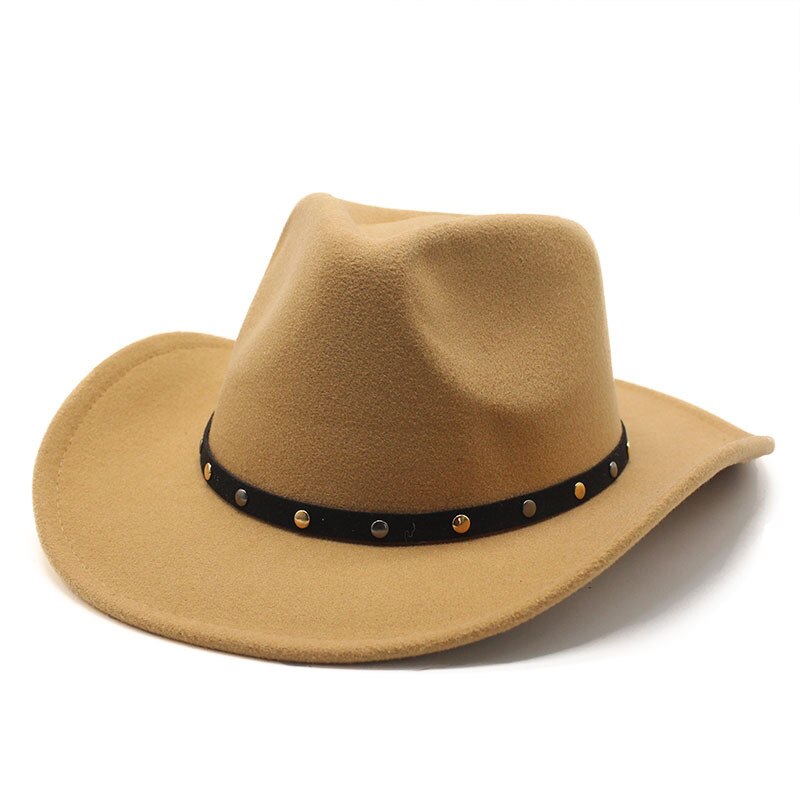 Wool Women Men Western Cowboy Hat Punk belt Gentleman Cowgirl Bowler Cap Jazz Church Cap Sombrero Hombre: Camel