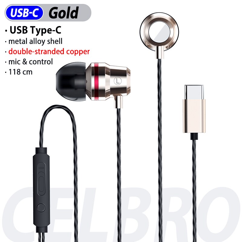 Auriculares estéreo de 3,5mm para deporte, auriculares de 3,5mm con conector USB C, auriculares con micrófono y línea de Control de música para teléfono tipo C: Type C Gold