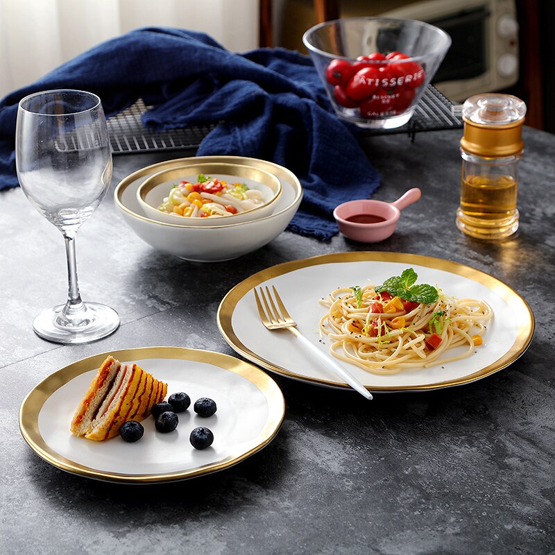 Europese platina keramiek westerse schaal matte gouden steakschaal schaal witte vintage fruitschaal