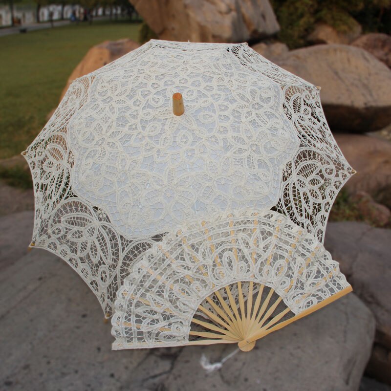19 eeuw Populaire Steampunk Stijl Handgemaakte Battenburg Kanten Parasol Kant Fan Set Bruiloft Paraplu: A0104 beige