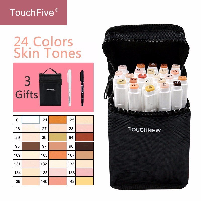 Artist Touchfive 12 24 colors Blendable Alcohol Sketch Marker pens Skin Tones set for Portrait Illustration Drawing Art Supplies: 24 Skin Tones White