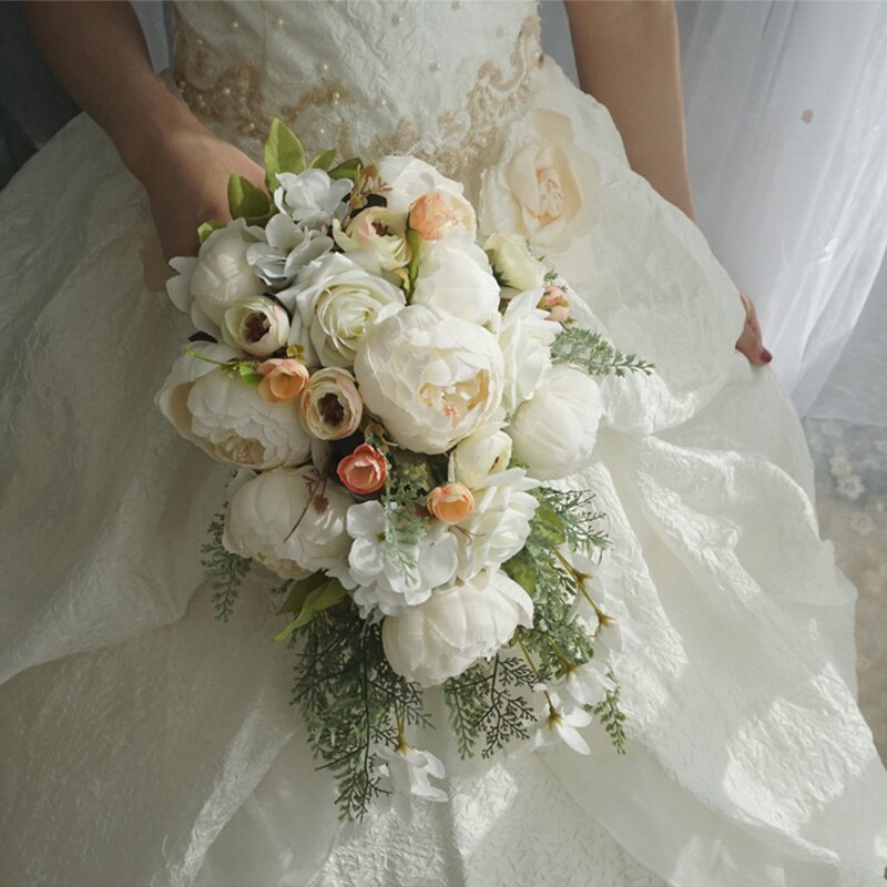 Waterval Zijde Pioen Bruiloft Bloemen Boeket Voor Bruidsboeketten Vintage Ivoor Roze Kunstbloemen Mariage Bruid Boeket: Ivory White