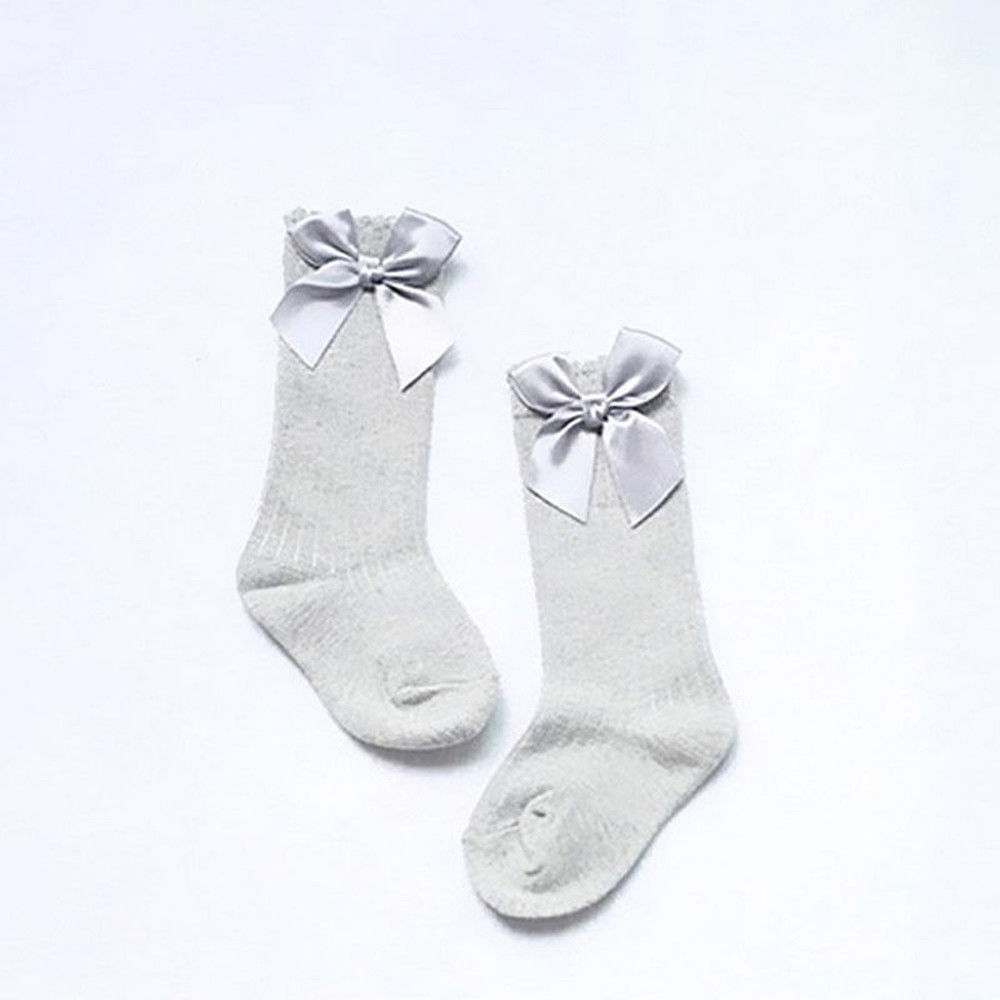 Baby Meisje Knie Hoge Bogen Prinses Sokken Lange Buis Booties Gestreepte Katoenen Sokken: Grijs / 2-4 Years