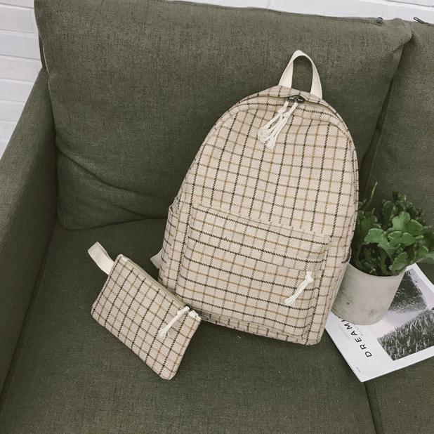 2set Plaid pattern Backpack Canvas Women Shoulder Bag Teenager Girl School Backpack Female Mochilas Bagpack: Khaki  2set