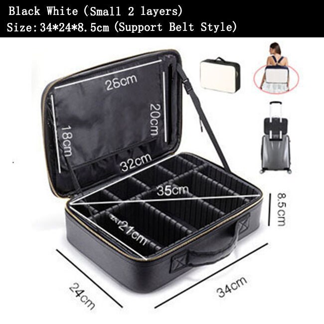 Kobiety PU skóra makijaż torba profesjonalny Manicure artysta torba na kosmetyki kobiece zestawy pełny Organizer na kosmetyki wózek Beauty Box: Black White 2 LayerS