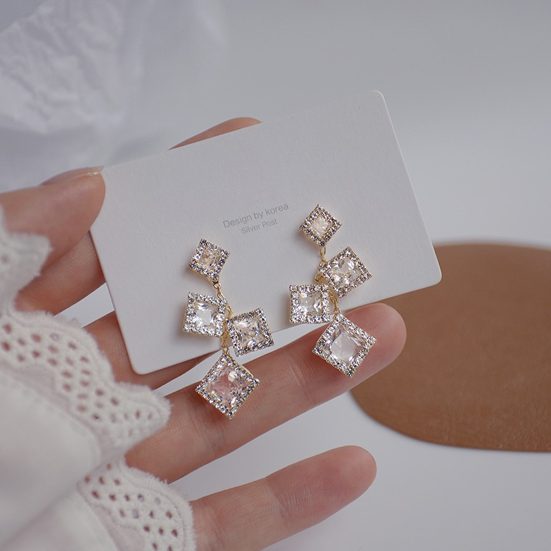 Korean Cube Geometric Earring for Women AAA Bling Top Crystal Zircon Stud Earrings Birthday Pendant