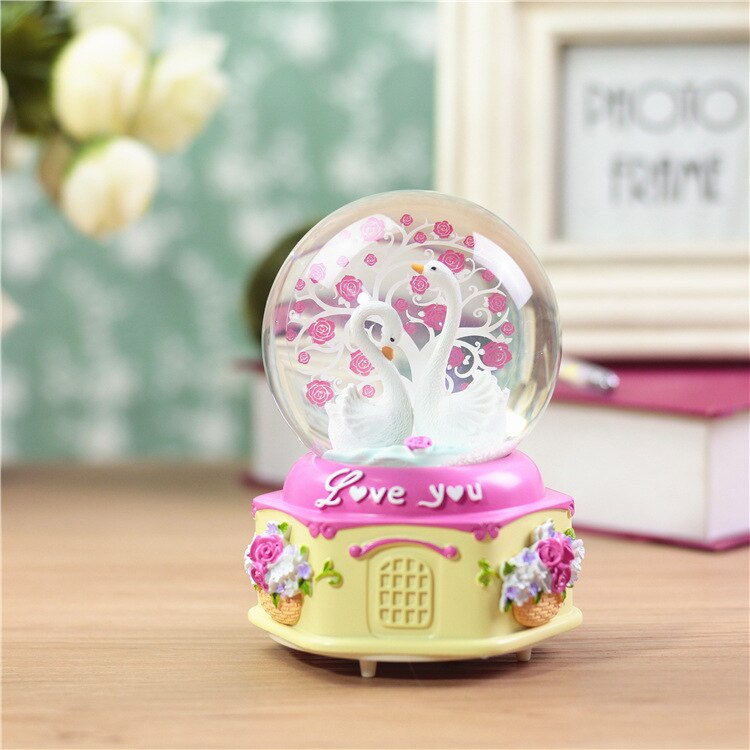 Kristallen bol muziekdoos flamingo meisje ster maan regenboog gloeiende sneeuwvlokken muziekdoos huisdecoratie bureaublad ornament