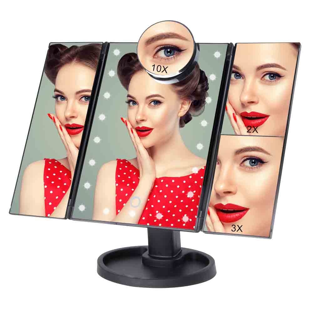 22 licht led touchscreen make-up spiegel tafel desktop 1x/2x/3x/10x vergrotende spiegels kaptafel 3 opvouwbare verstelbare zakspiegels