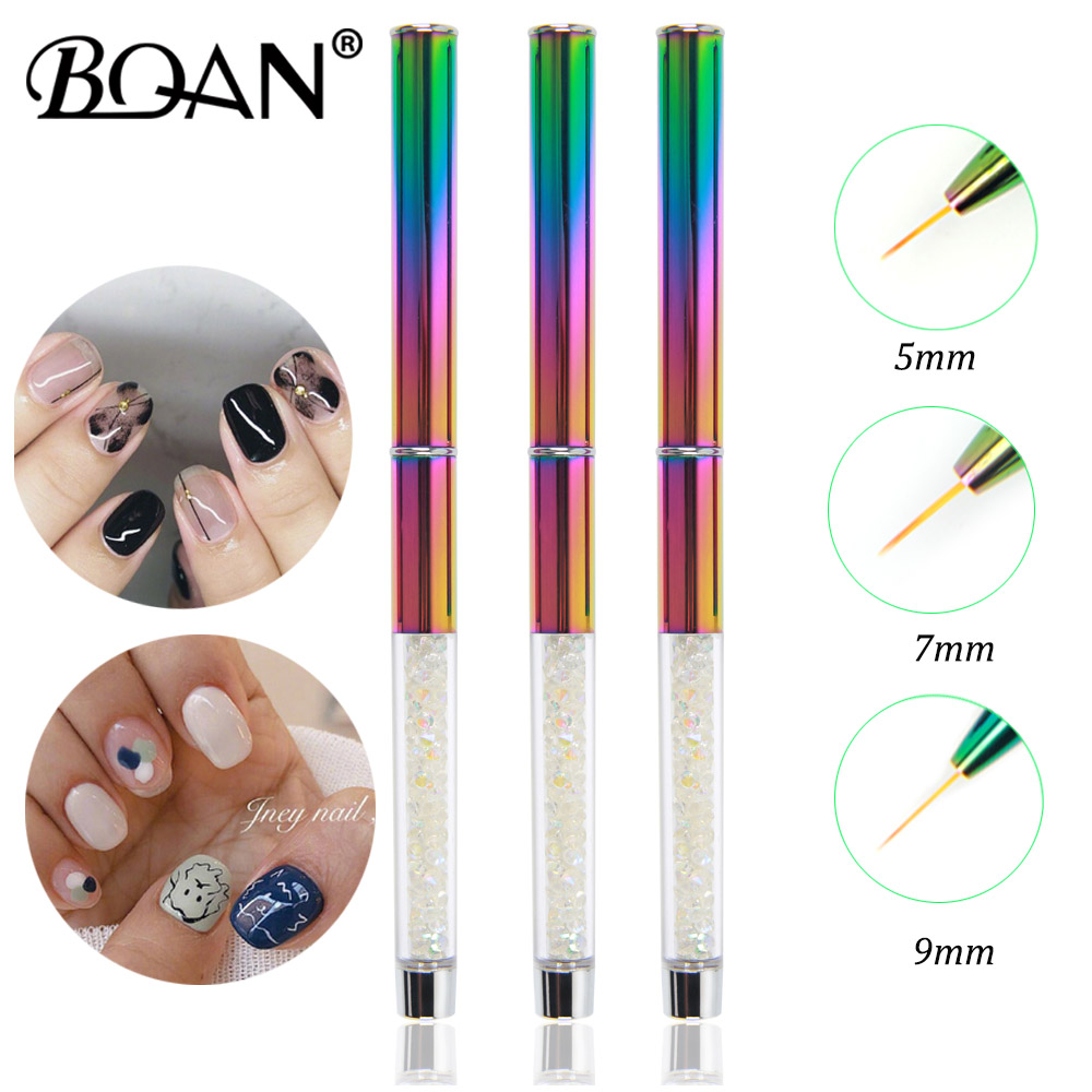 Bqan 1 stk 5mm/7mm/9mm farverigt håndtag tegning pensel liner pensel maling pen gel polish krystal nail art manicure værktøjer