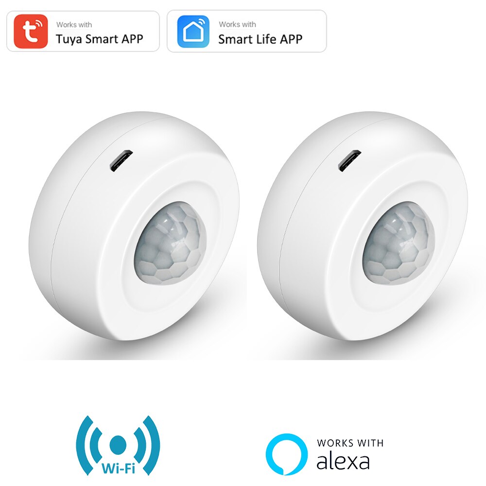 Tuya USB Powered PIR Motion Sensor Detector 360° Detection WIFI Movement Sensor Smart Life APP Home Security Alexa Routine Set: 2 PCS