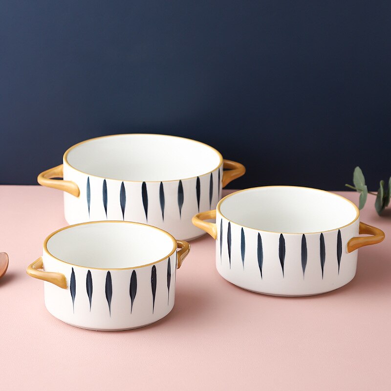 Ceramic Color glazed Double Ear Bowl with Lid Stew Breskfast Steamed Egg Pudding Bowl Baking bowl Kitchen Supply