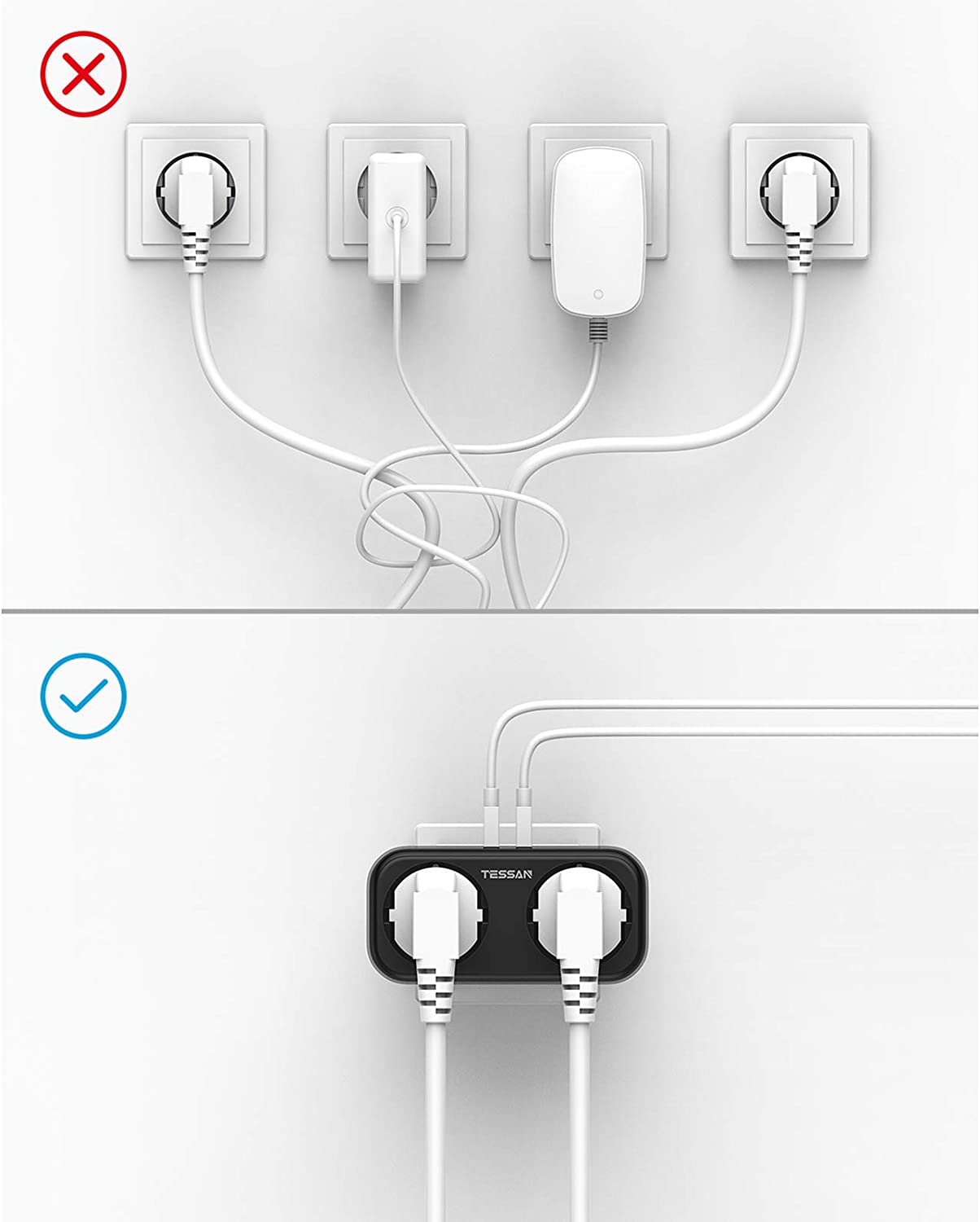 TESSAN – barre d&#39;alimentation d&#39;extension de prise européenne, avec 2 prises EU et 2 Ports de charge USB (5V 2,4 a), prise murale, adaptateur de voyage
