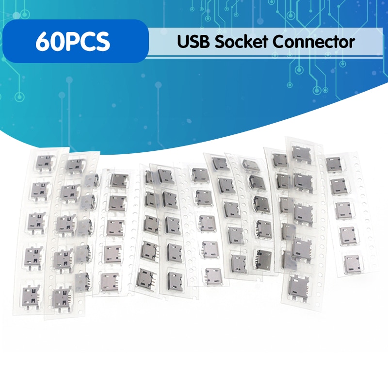 60pcs/lot 5 Pin SMT Socket Connector Micro USB Type B Female Placement 12 Models SMD DIP Socket Connector