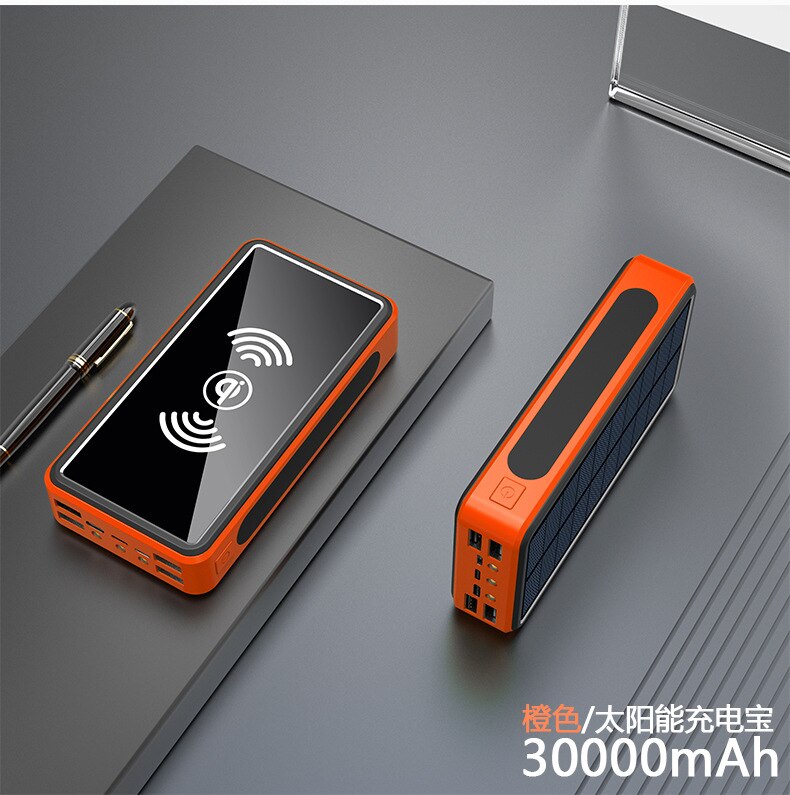 30000 mah solbatteripakke trådløs powerbank led let powerbank bærbar 4 usb mobiltelefon oplader til telefon: Orange