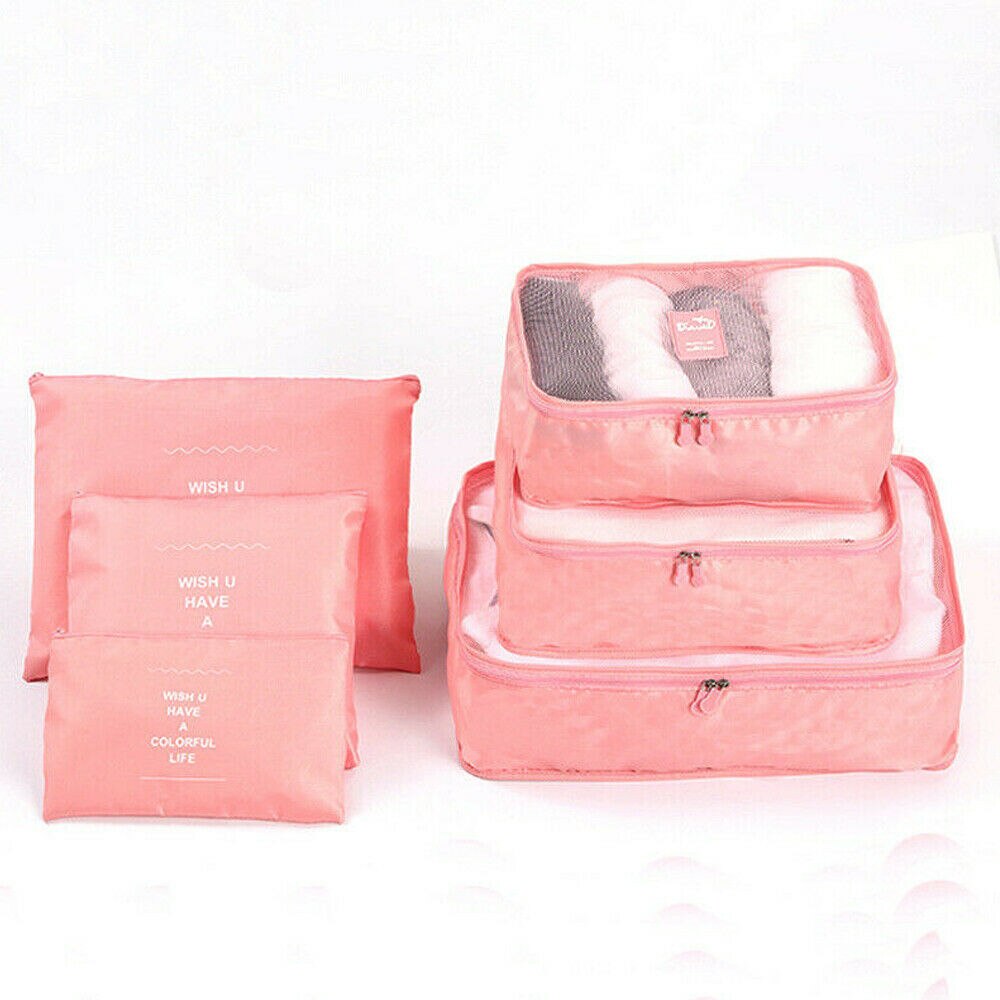6 pièces/ensemble sac de rangement | Ensemble de sac de rangement de voyage, sac de rangement pour vêtements, boîte de valise pochette, organisateur, conteneur Portable, sacs étanches: Rose