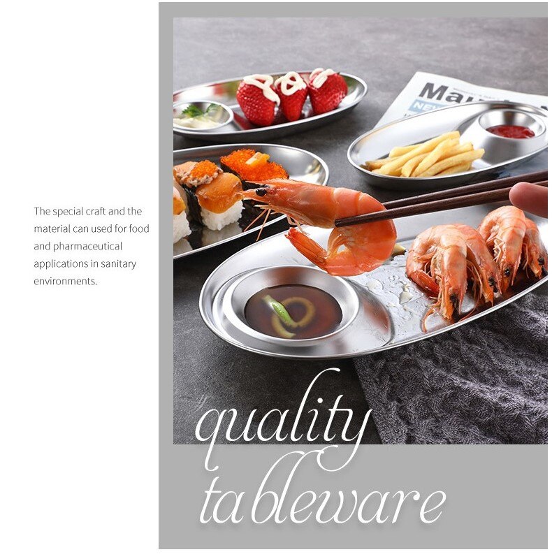 304 stainless steel snack plate divided grid plate oval plate with sauce plate western food french fries fried chicken snack