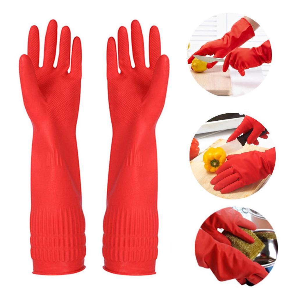 Gants en caoutchouc à manches longues pour femme, 1 paire, rouges, étanches, en Latex, pour la cuisine, le nettoyage de la vaisselle