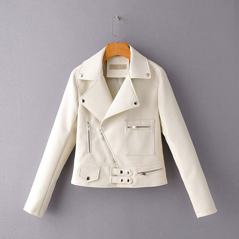 Wixra dames imitatie leren jassen rits casual pu jas omslagkraag basic jas klassieke streetwear herfst lente: Beige / Xl