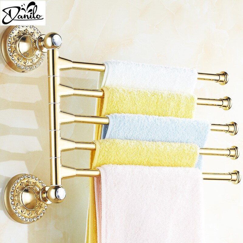 Messing & Crystal Handdoek Bar Gouden Afwerking 5 Bars Handdoekrek Wall Mount Handdoek Houder Opvouwbare Elegantie Badkamer Accessoires
