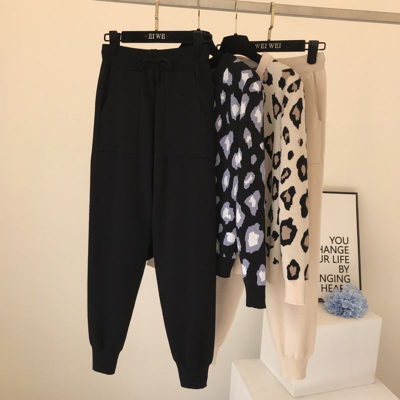 Amolapha dam stickad leopard pullover tröjor+byxor set kvinna jumpers byxor 2 st kostymer outfit