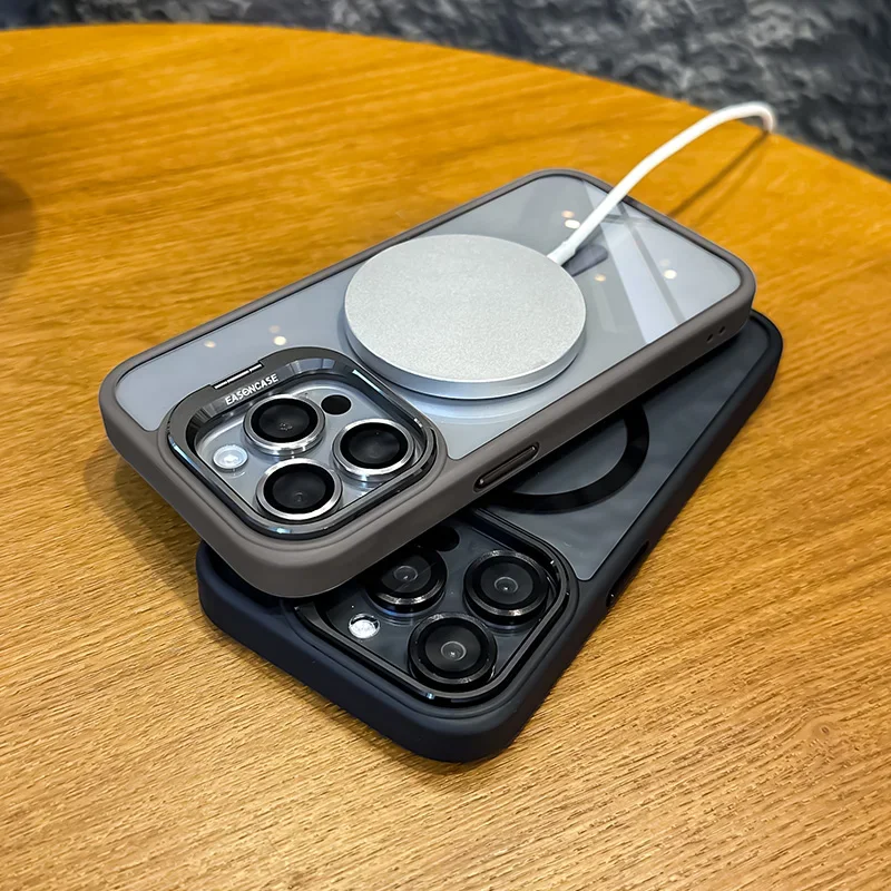 Magnetic Shockproof Phone Case For iPhone 11 12 13 14 15 Pro Max Plus Magsafe Funda Lens Film Stand With Glass Lens Protection