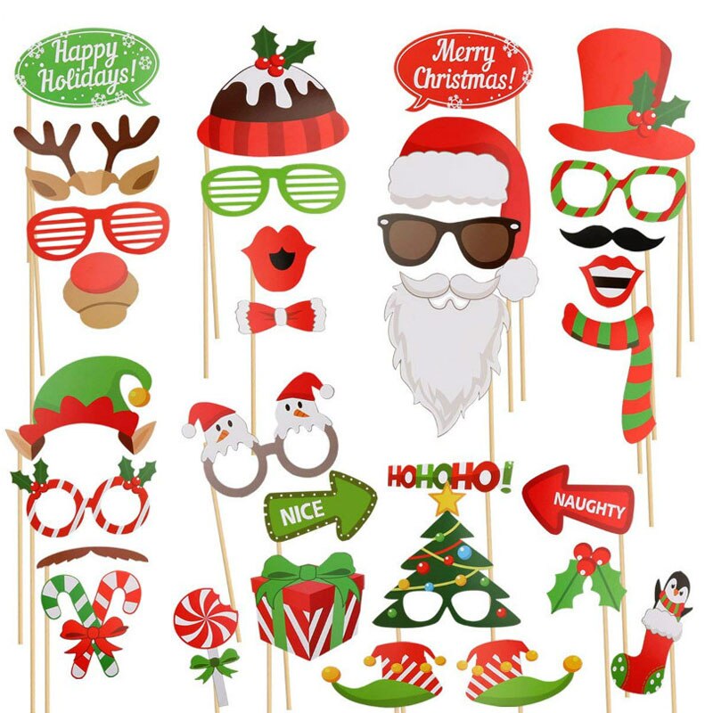 Jul fotoboks rekvisitter kit masker læber hat skæg glædelig jul snemand bryllup jul fest dekoration godt år forsyning